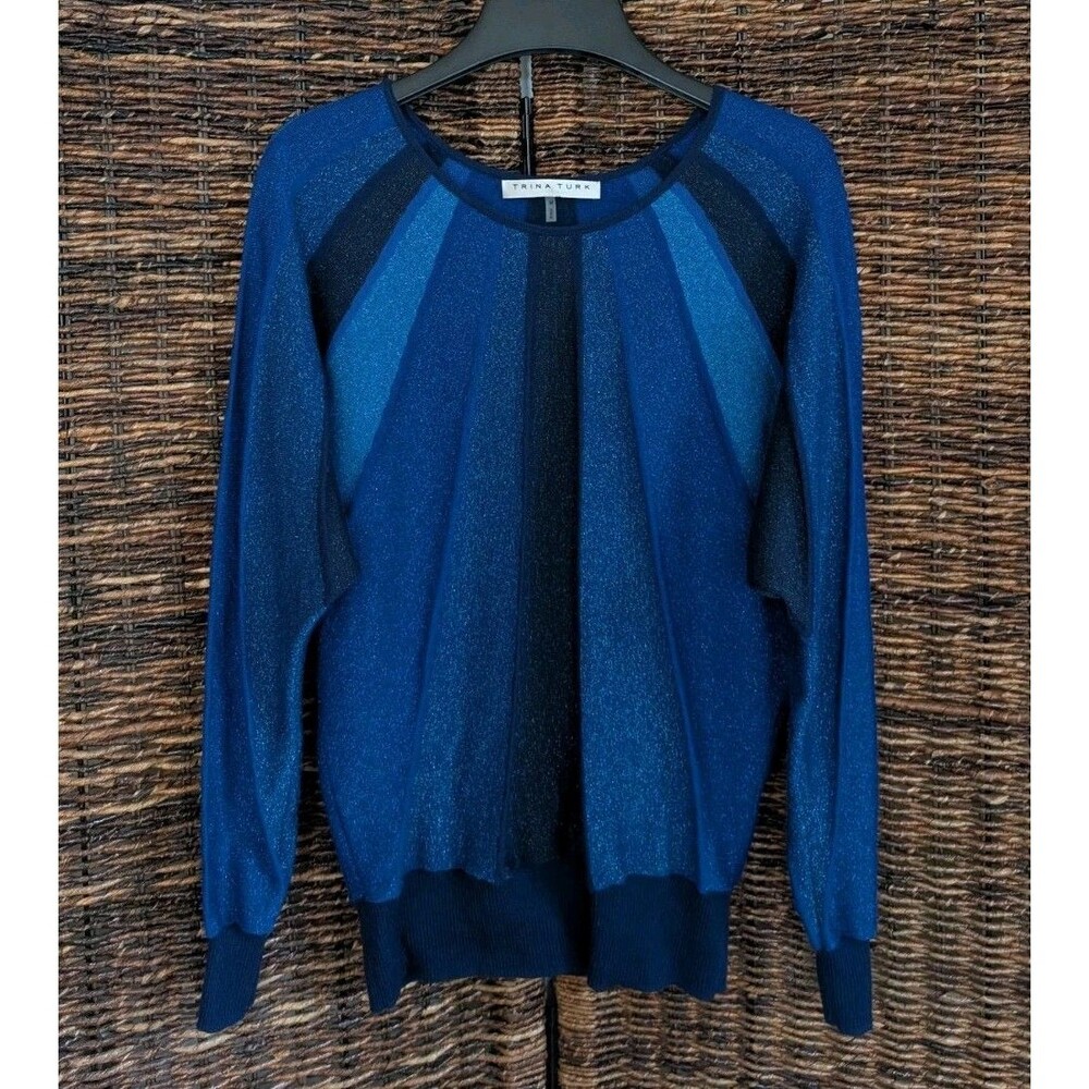 Trina Turk Wool Blend Metallic Sweater Medium Blue New Year's Eve Holiday Party